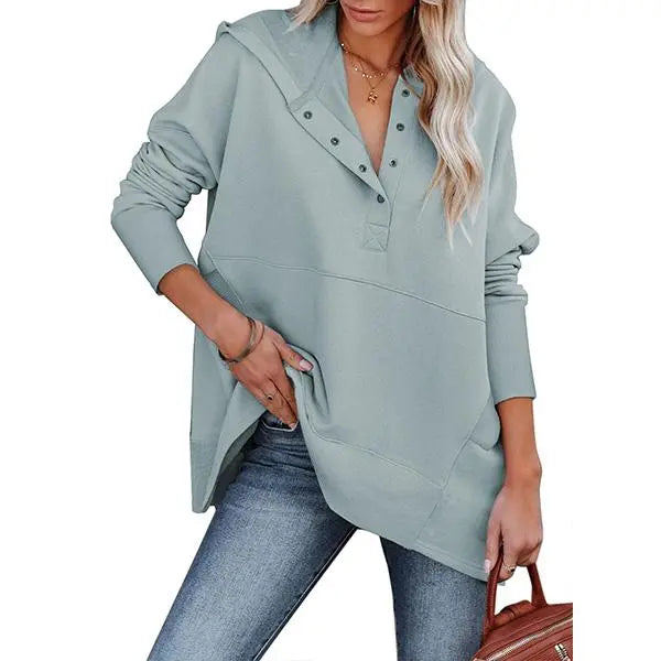 EVALESS Women's Casual Oversized Sweatshirts Hoodies Basic Button V Neck Long Sleeve Hooded Cotton Breathable Henley Pullover Tops 2026 Womenswear Winter Fall Outfits Clothes with Pockets