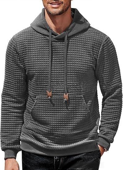 Men's Hooded Sweatshirt Long Sleeve Fashion Gym Athletic Hoodies Solid Plaid Jacquard Pullover with Pocket Classic Menswearhoodie Wool Beige