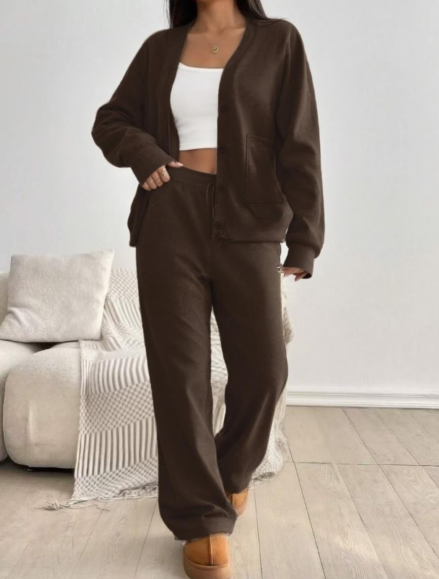 KatchMe Women's Slouchy Solid Color V NeckLong Sleeve Button Cardigan & Drawstring WaistTrousers Co-ord, Soft Two Piece Outfits for Fall &Winter(US/CN)