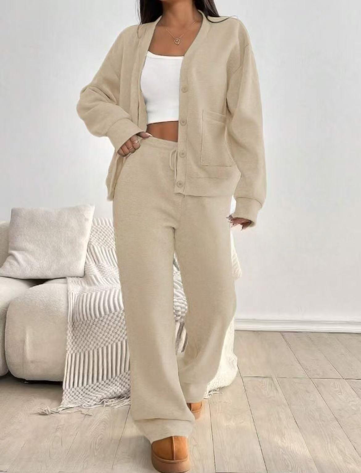 KatchMe Women's Slouchy Solid Color V NeckLong Sleeve Button Cardigan & Drawstring WaistTrousers Co-ord, Soft Two Piece Outfits for Fall &Winter(US/CN)