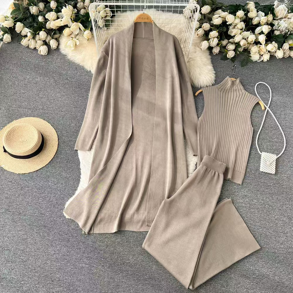 Women's Three-Piece Set Solid TurtleNeck Tank Top & Wide Leg Trousers & Open FrontLong Cardigan Set, Women Clothes for Fall &Winter