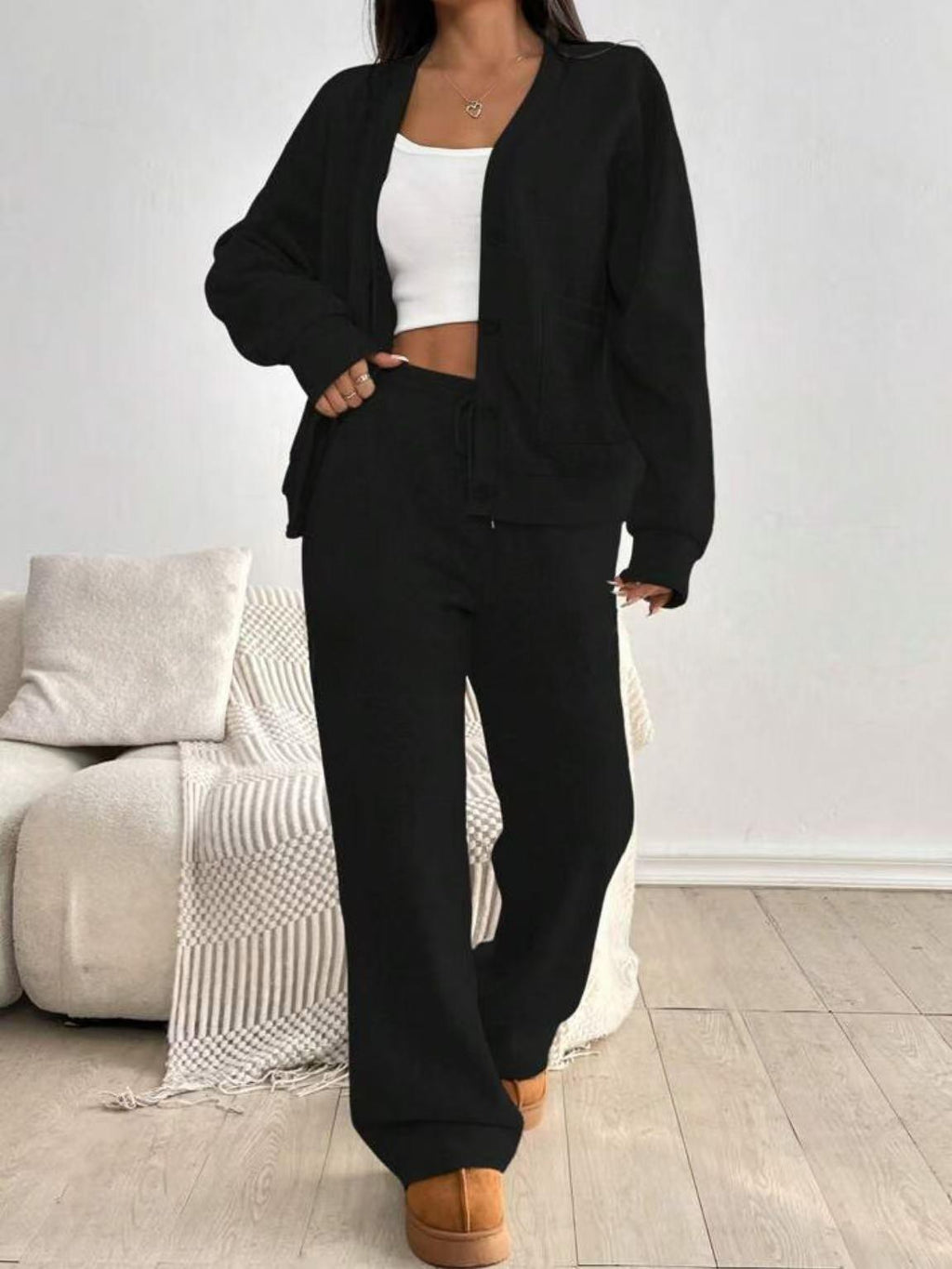KatchMe Women's Slouchy Solid Color V NeckLong Sleeve Button Cardigan & Drawstring WaistTrousers Co-ord, Soft Two Piece Outfits for Fall &Winter(US/CN)