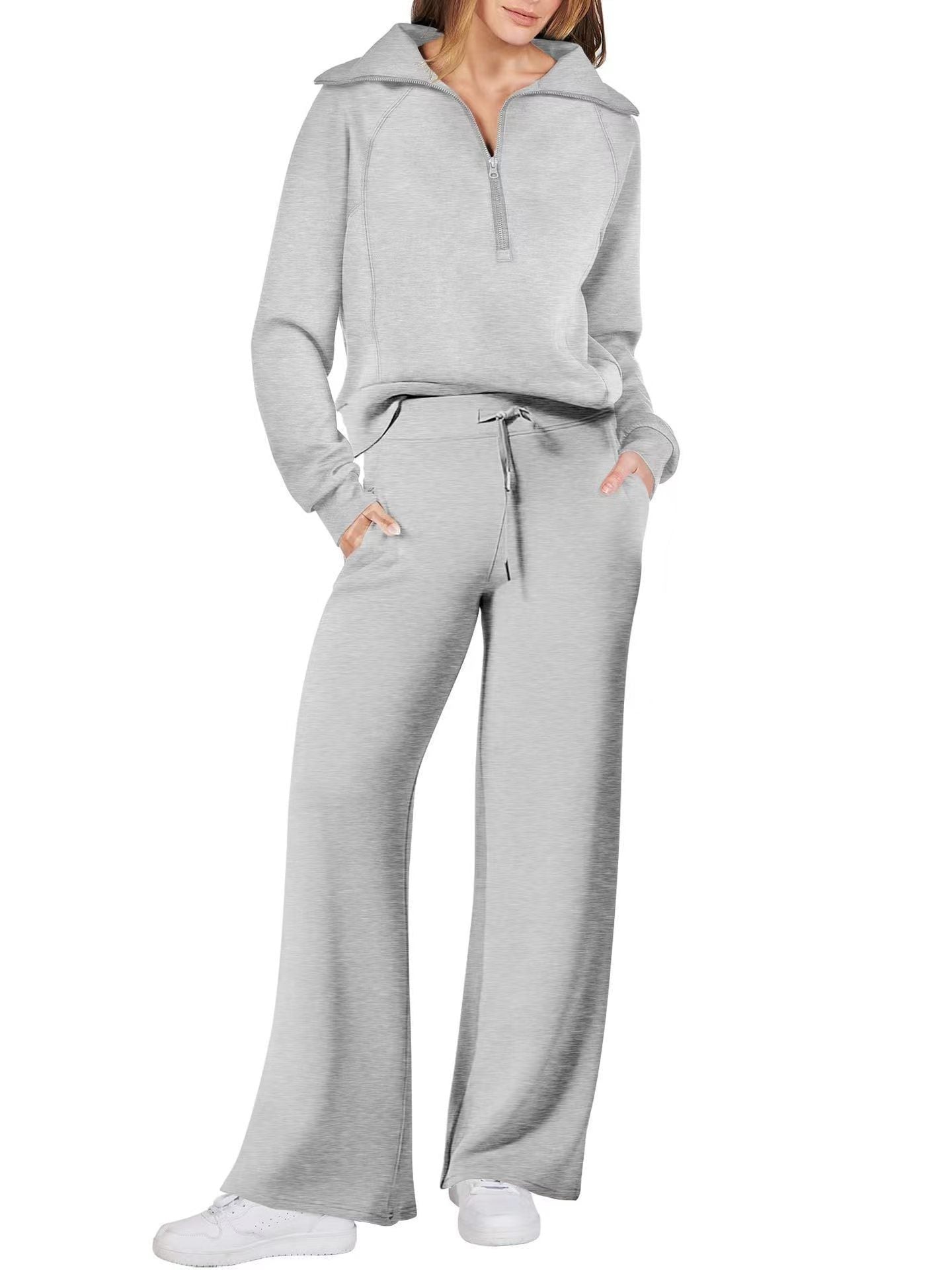 Fashionable casual sportswear set, zip-up long-sleeved sweatshirt and wide-leg pants, two-piece set