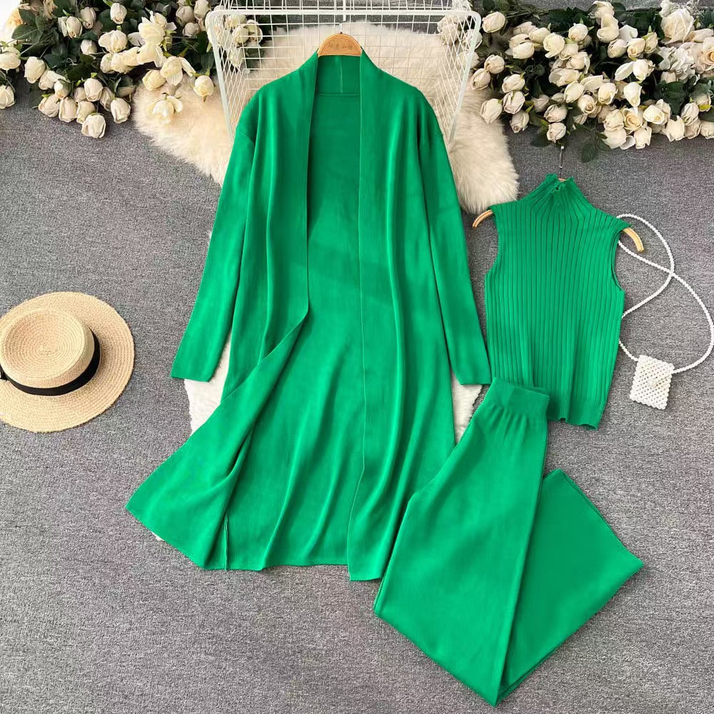 Women's Three-Piece Set Solid TurtleNeck Tank Top & Wide Leg Trousers & Open FrontLong Cardigan Set, Women Clothes for Fall &Winter