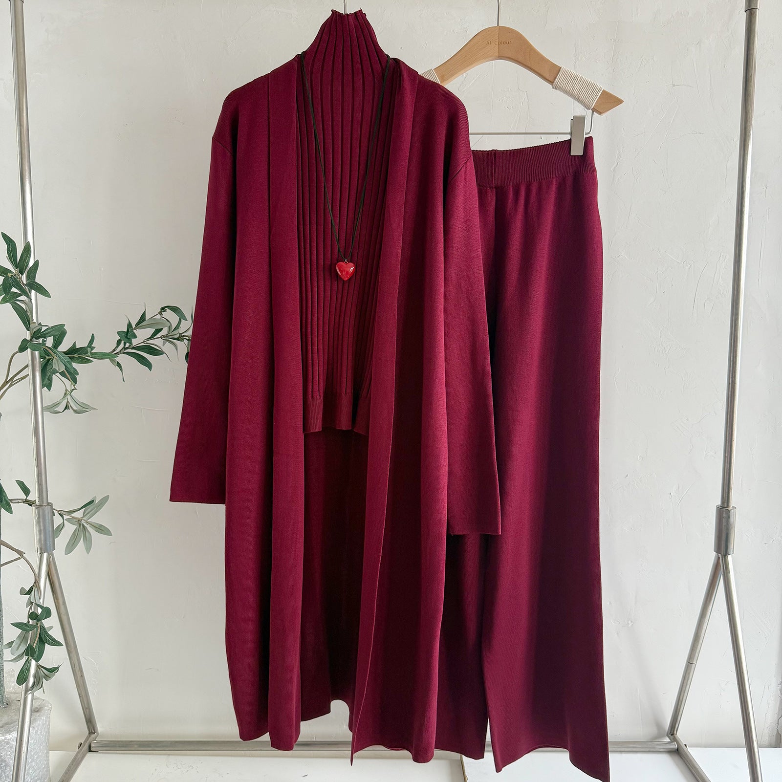 Women's Three-Piece Set Solid TurtleNeck Tank Top & Wide Leg Trousers & Open FrontLong Cardigan Set, Women Clothes for Fall &Winter