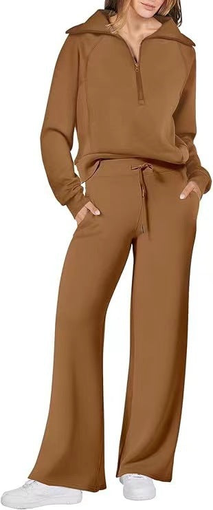 Fashionable casual sportswear set, zip-up long-sleeved sweatshirt and wide-leg pants, two-piece set