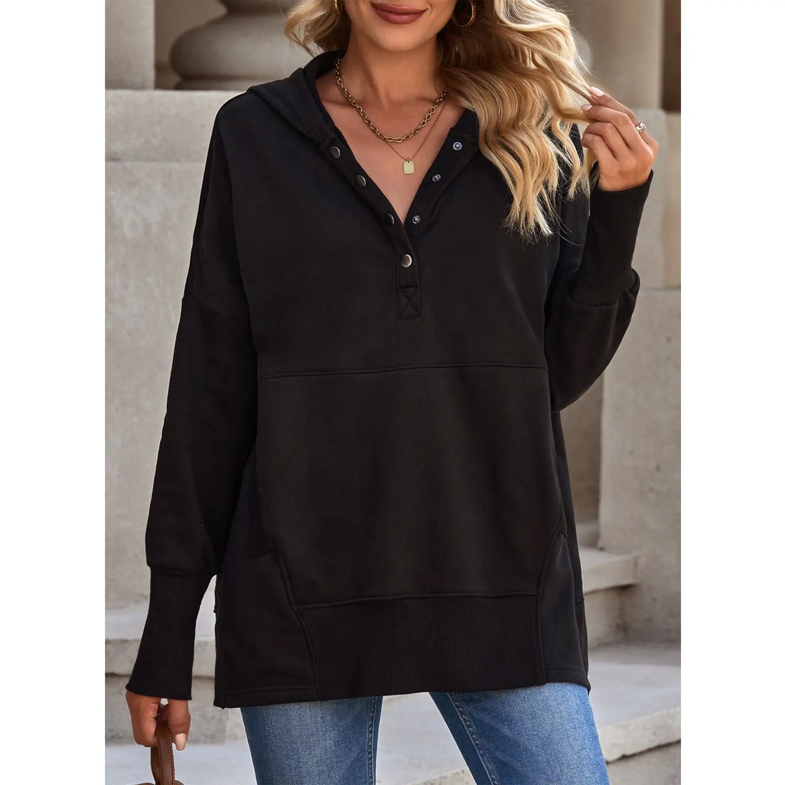 EVALESS Women's Casual Oversized Sweatshirts Hoodies Basic Button V Neck Long Sleeve Hooded Cotton Breathable Henley Pullover Tops 2026 Womenswear Winter Fall Outfits Clothes with Pockets