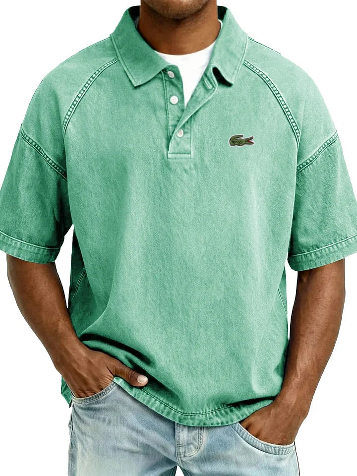 Retro Distressed Raglan Polo Shirt