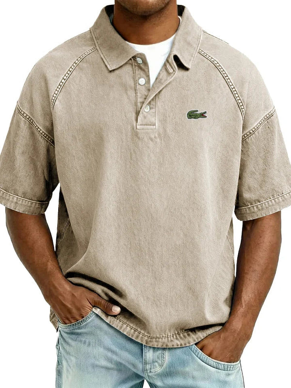 Retro Distressed Raglan Polo Shirt