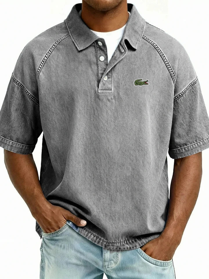 Retro Distressed Raglan Polo Shirt