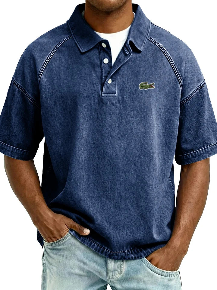 Retro Distressed Raglan Polo Shirt