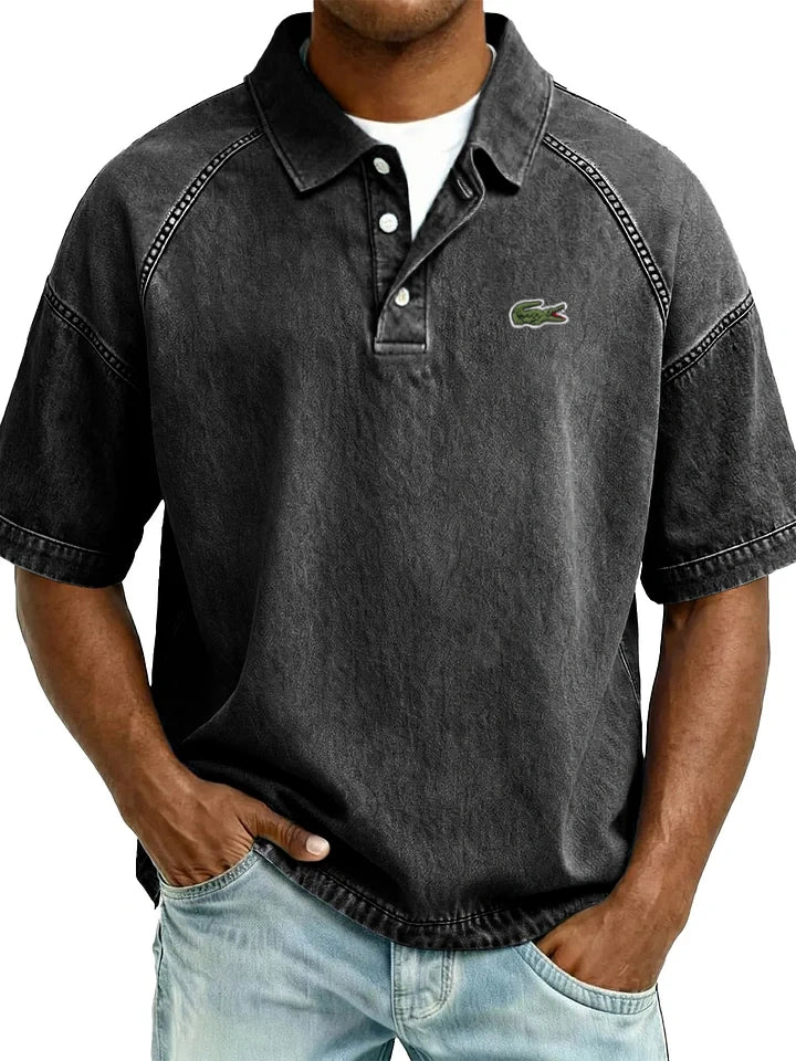 Retro Distressed Raglan Polo Shirt